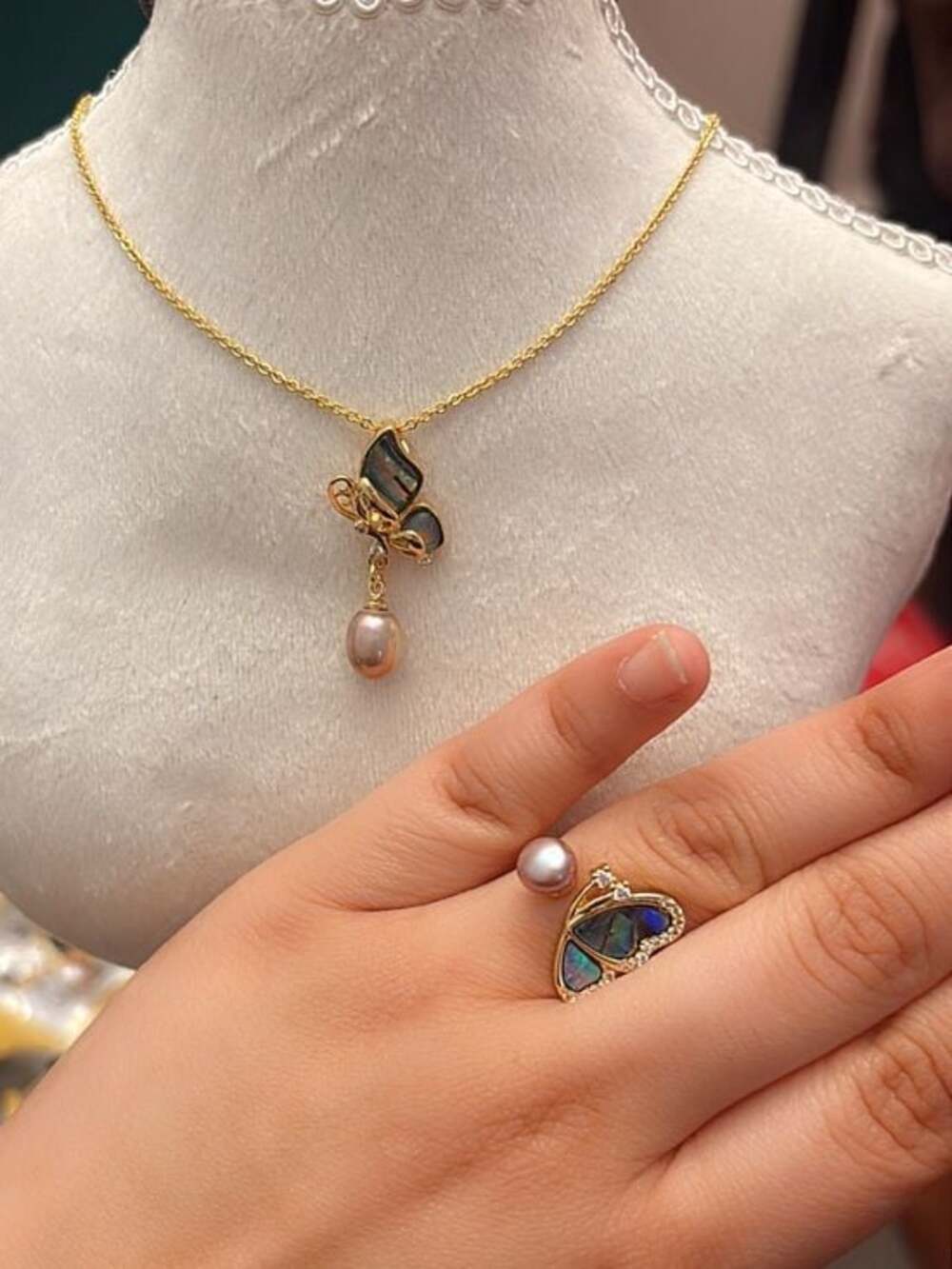 Gold Butterfly Abalone Pendant Necklace with Teardrop Pearl and Ring Set
